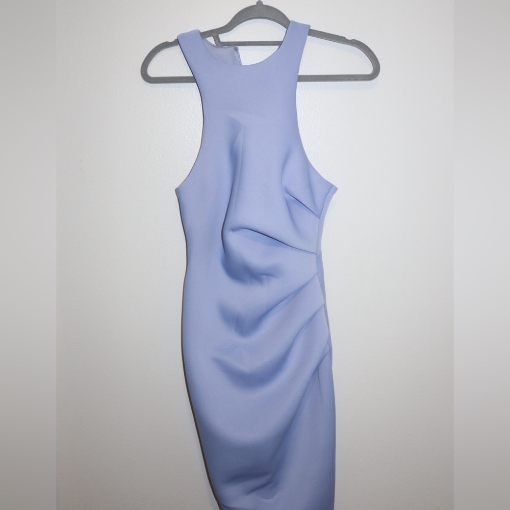 ASOS Tall high neck racer back side tuck pencil midi dress in Light Blue
